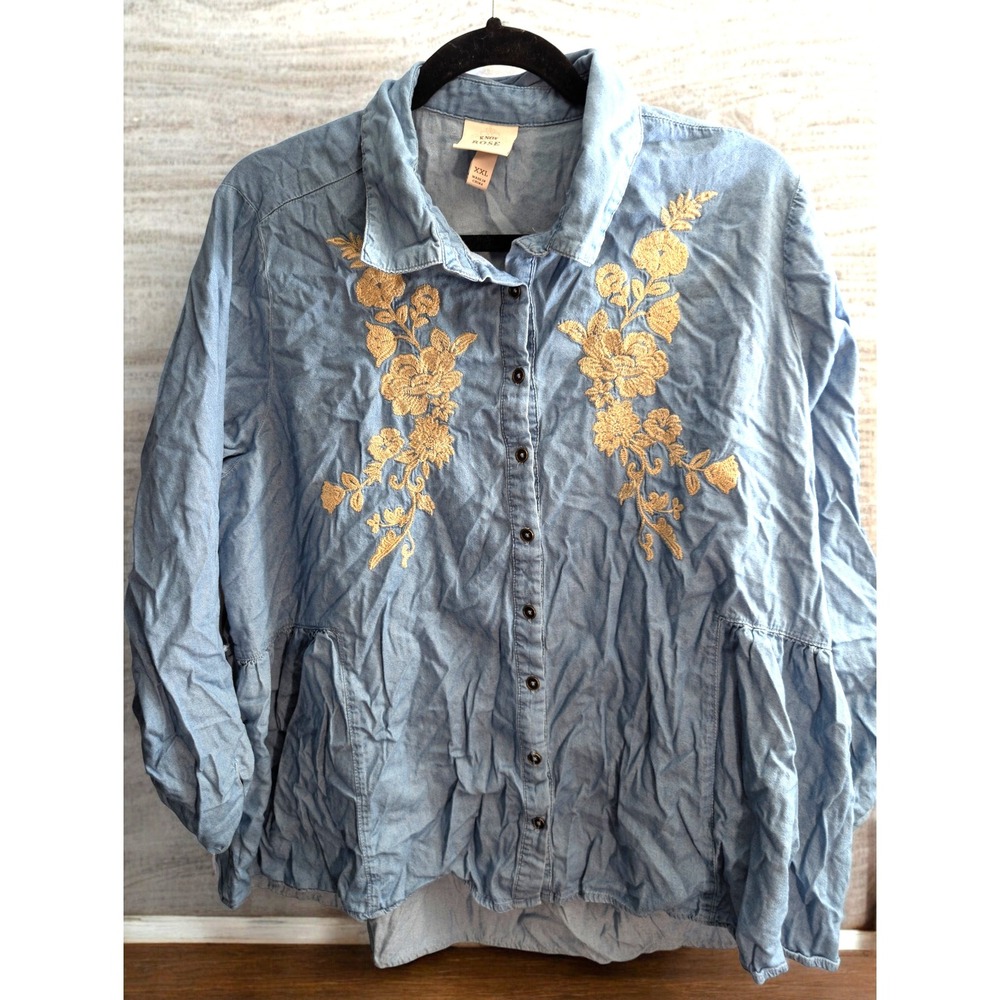 Knox Rose Denim Look Shirt PLus Size XXL Blue Embroidered Floral Long Sleeve Top
